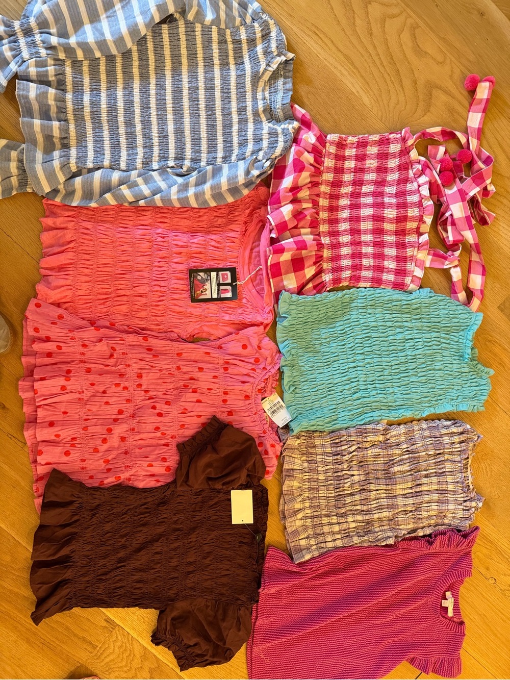 Girls Pink Smocked Tank Top with Gingham Ties - Unbranded